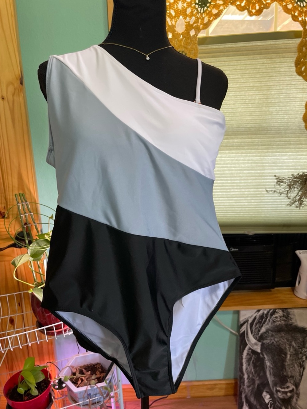 Colorblock One-Piece Swimsuit - White, Gray & Black